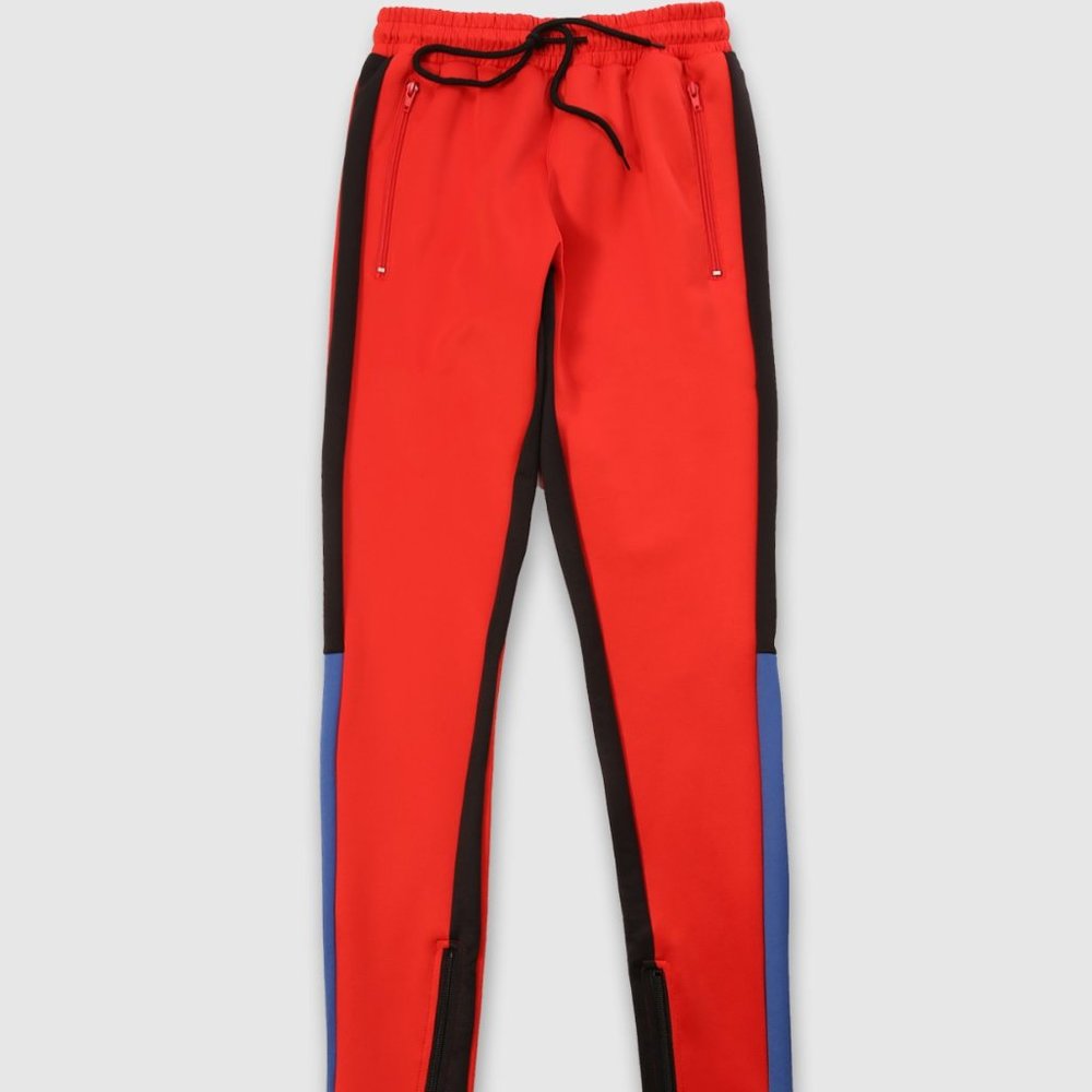 Men's Color Block Side Panel 3-Tone Track Pants Red Blue Black
